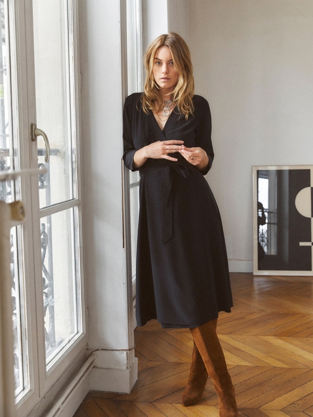 Sezane black midi silk wrap dress